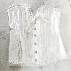 NEW ADORE ME White Satin Bridal Corset MEDIUM Ruffle Rhinestone Bow Sparkle Sexy